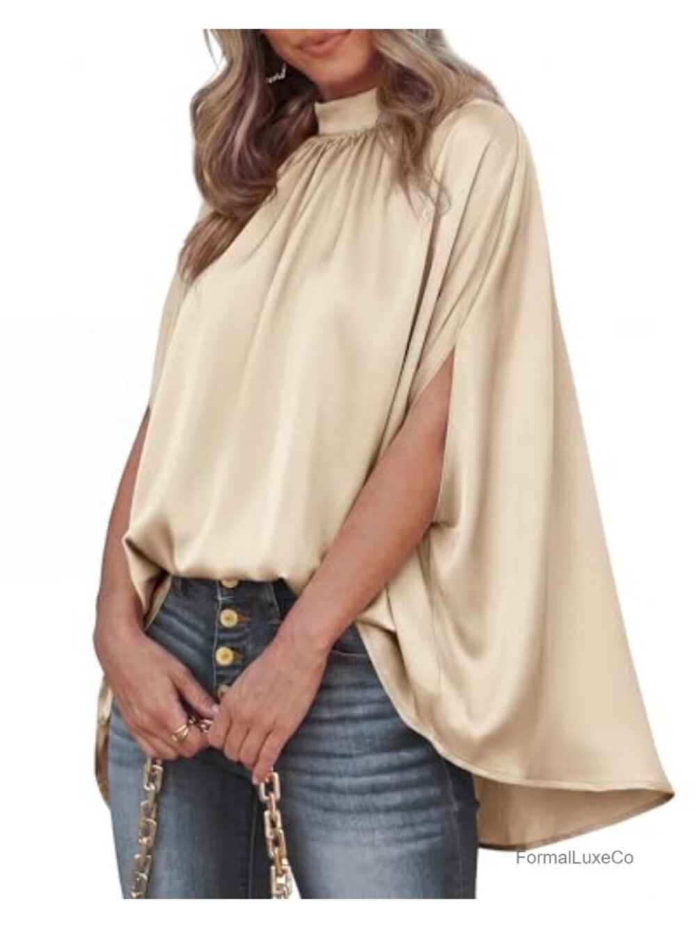 Oversized Satin Blouse Batwing Sleeve Mock Neck Tie Back Work Top